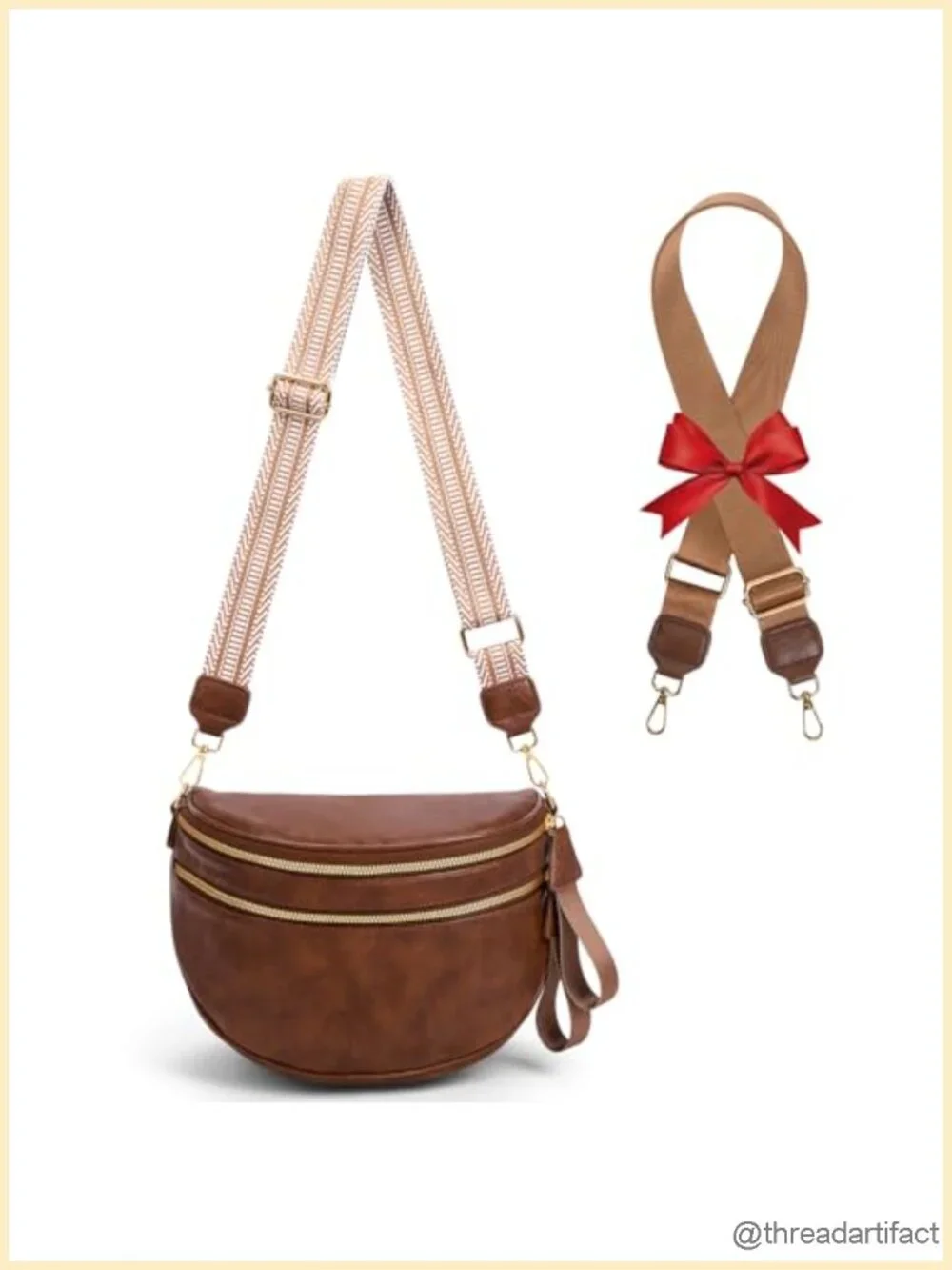PU Leather Crossbody Fanny Pack Double Zip Multi Compartment with 2 Adjustable